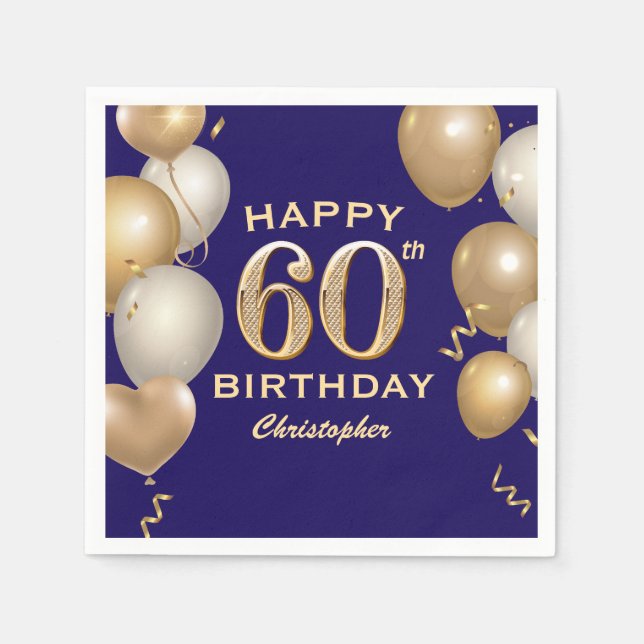 60th Birthday Party Navy Blue and Gold Balloons Napkin (Front)