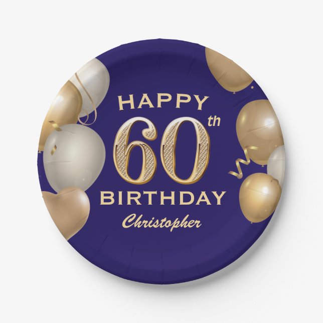 60th Birthday Party Navy Blue and Gold Balloons Paper Plate (Front)