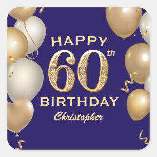 60th Birthday Party Navy Blue and Gold Balloons Square Sticker