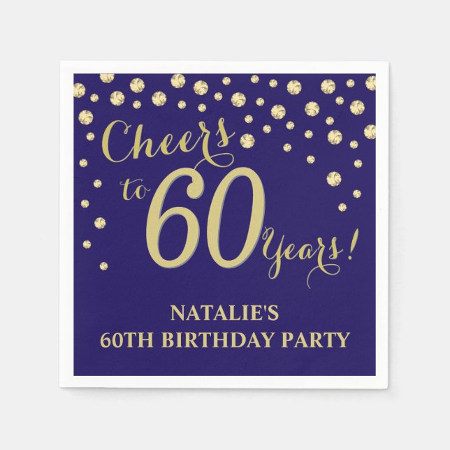 60th Birthday Party Navy Blue and Gold Diamond Napkin (Front)