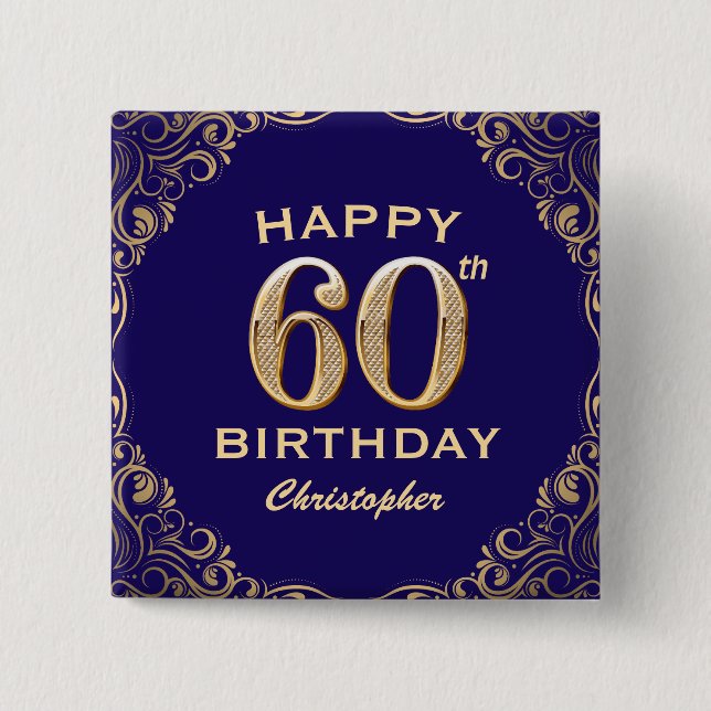 60th Birthday Party Navy Blue and Gold Glitter 15 Cm Square Badge (Front)