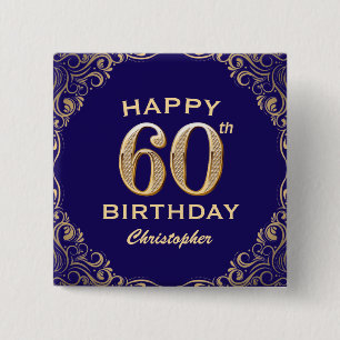 60th Birthday Party Navy Blue and Gold Glitter 15 Cm Square Badge