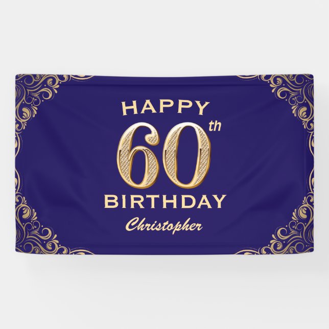60th Birthday Party Navy Blue and Gold Glitter Banner (Horizontal)