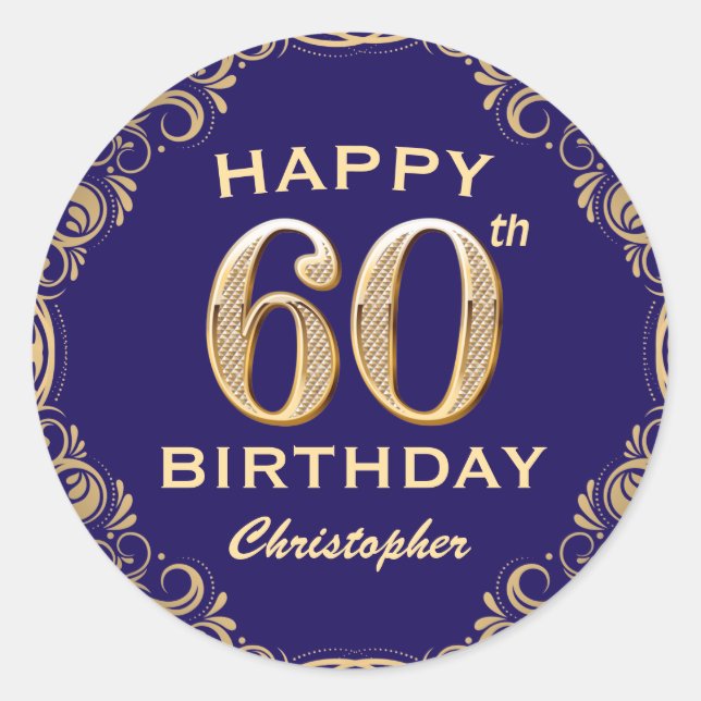 60th Birthday Party Navy Blue and Gold Glitter Classic Round Sticker (Front)
