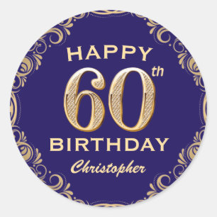 60th Birthday Party Navy Blue and Gold Glitter Classic Round Sticker