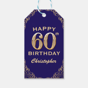 60th Birthday Party Navy Blue and Gold Glitter Gift Tags