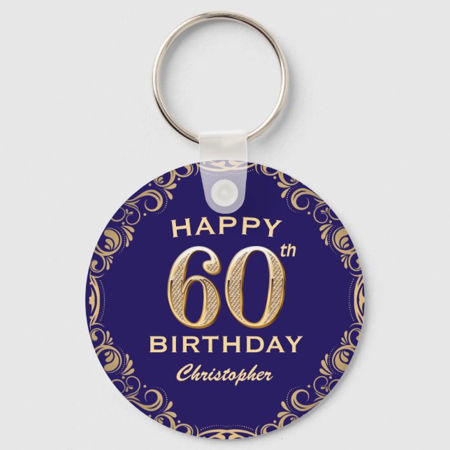 60th Birthday Party Navy Blue and Gold Glitter Key Ring (Front)