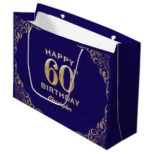 60th Birthday Party Navy Blue and Gold Glitter Large Gift Bag