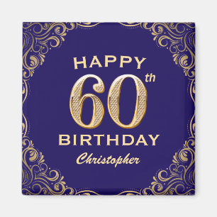 60th Birthday Party Navy Blue and Gold Glitter Magnet