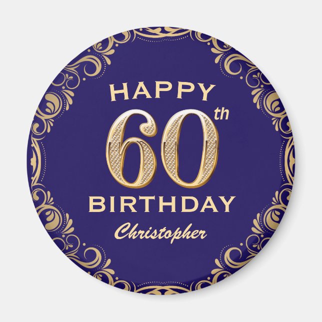 60th Birthday Party Navy Blue and Gold Glitter Magnet (Front)