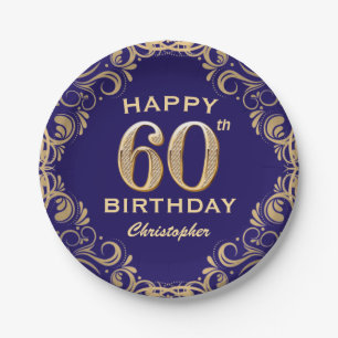 60th Birthday Party Navy Blue and Gold Glitter Paper Plate