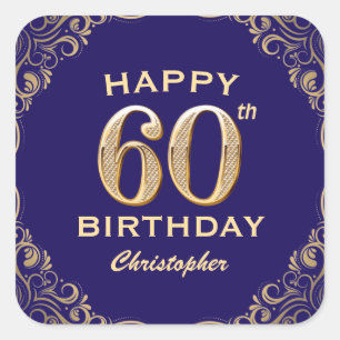 60th Birthday Party Navy Blue and Gold Glitter Square Sticker
