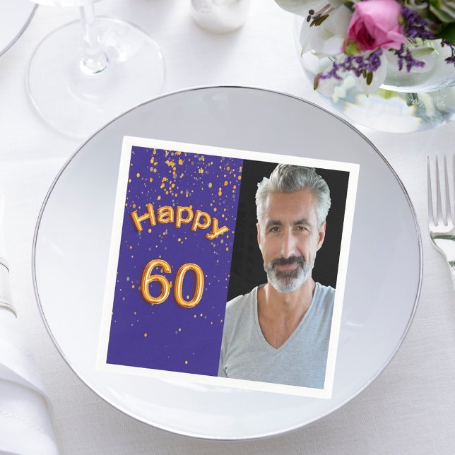 60th birthday party navy blue gold photo guy napkin (Creator Uploaded)