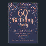 60th Birthday Party - Navy & Rose Gold Invitation<br><div class="desc">60th Birthday Party Invitation.
Elegant design in navy blue and faux glitter rose gold. Features stylish script font and confetti. Message me if you need custom age.</div>
