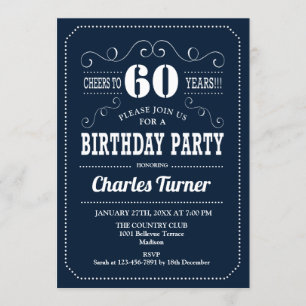 60th Birthday Party - Navy White Invitation