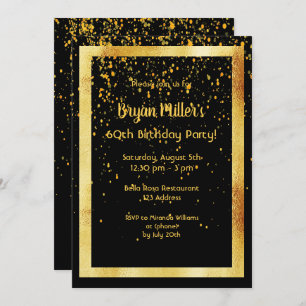 60th birthday party on black with faux gold frame invitation