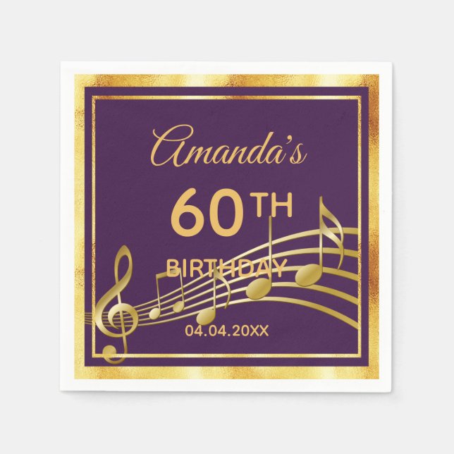 60th birthday party on elegant purple gold music napkin (Front)