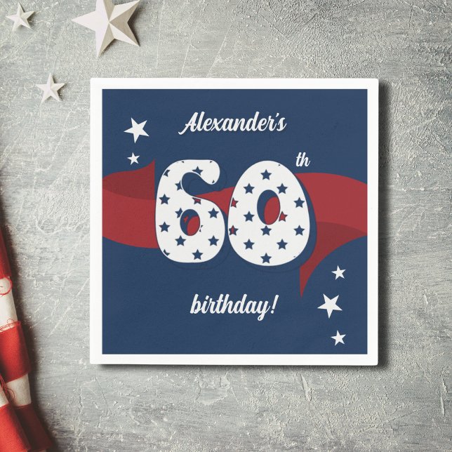 60th Birthday Party Patriotic Red White Blue Stars Napkin (Creator Uploaded)