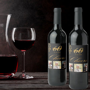 60th birthday party photo black gold cheers script wine label