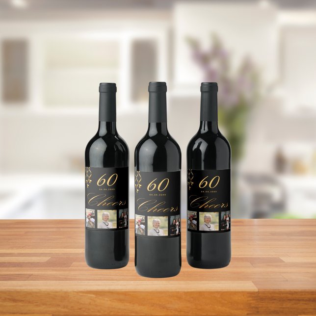 60th birthday party photo black gold cheers script wine label (Creator Uploaded)