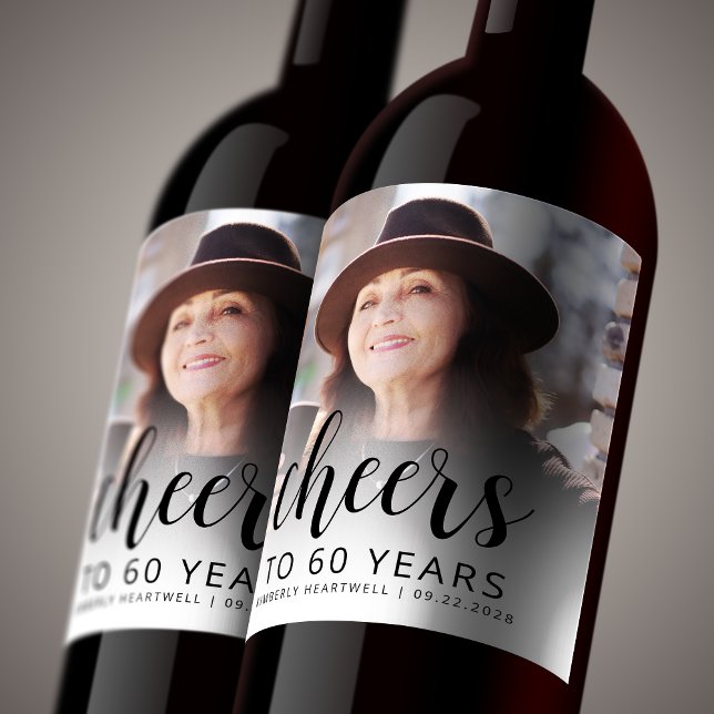 60th Birthday Party Photo Black Script Cheers Wine Label (Creator Uploaded)