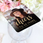 60th Birthday Party Photo Cheers Square Paper Coaster<br><div class="desc">This custom 60th birthday paper coaster features the guest of honour's personalised photo,  name,  and birthday,  along with the word "Cheers" in elegant gold-coloured calligraphy script. A dark screen helps make the text pop. A great way to celebrate someone who's turning sixty!</div>