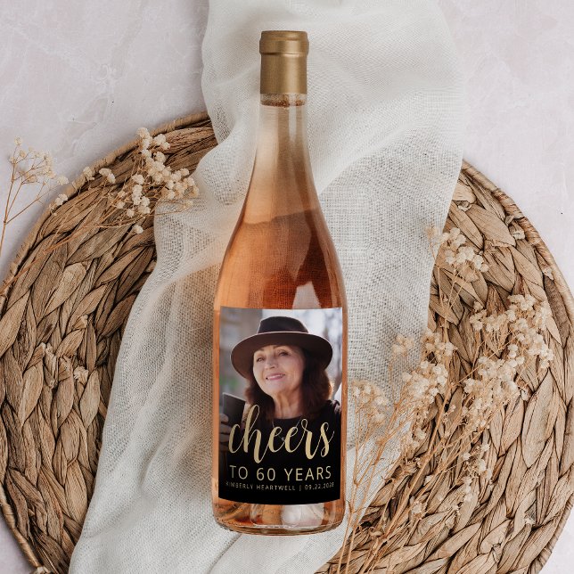 60th Birthday Party Photo Cheers Wine Label (Creator Uploaded)