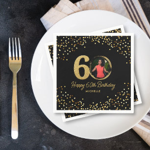 60th Birthday Party Photo Chic Black Gold Glitter Napkin