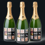60th birthday party photo collage black sparkling wine label<br><div class="desc">A bottle label for a 60th birthday party,  celebrating her life with a collage of 8 of your photos.  Templates for a name,  age 60 and a date.  Date of birth or the date of the party.  White and grey coloured letters.  Elegant black background.</div>