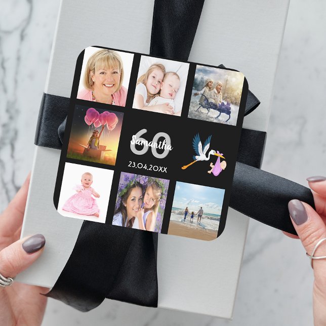 60th birthday party photo collage black square sticker (Creator Uploaded)