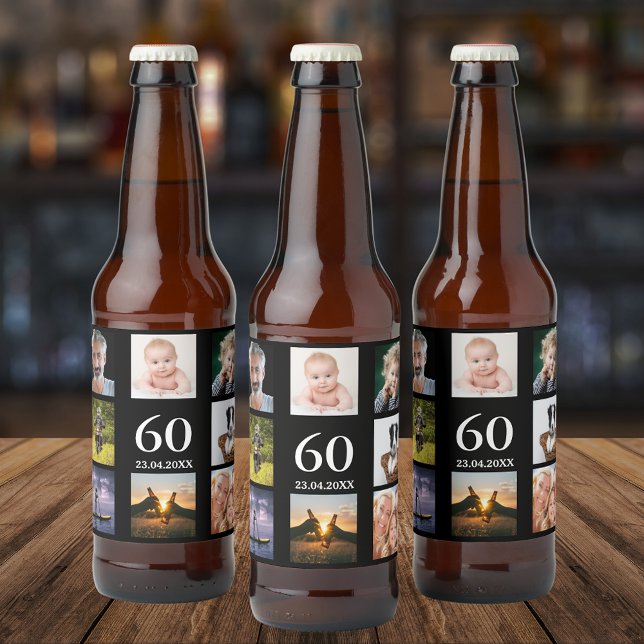 60th birthday party photo collage guy black beer bottle label (Creator Uploaded)