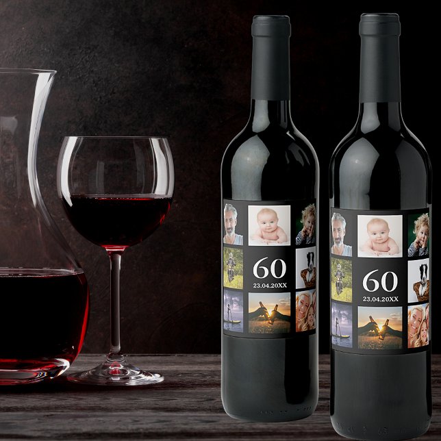 60th birthday party photo collage guy black wine label (Creator Uploaded)