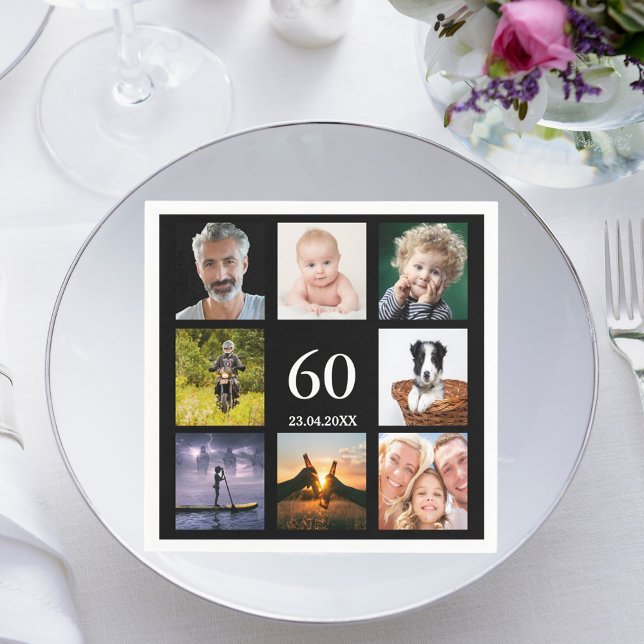 60th birthday party photo collage guys black napkin (Creator Uploaded)