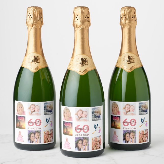 60th birthday party photo collage sparkling wine label (Bottles)