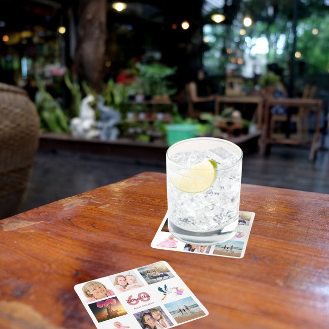 60th birthday party photo collage square paper coaster (Creator Uploaded)