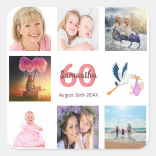 60th birthday party photo collage square sticker