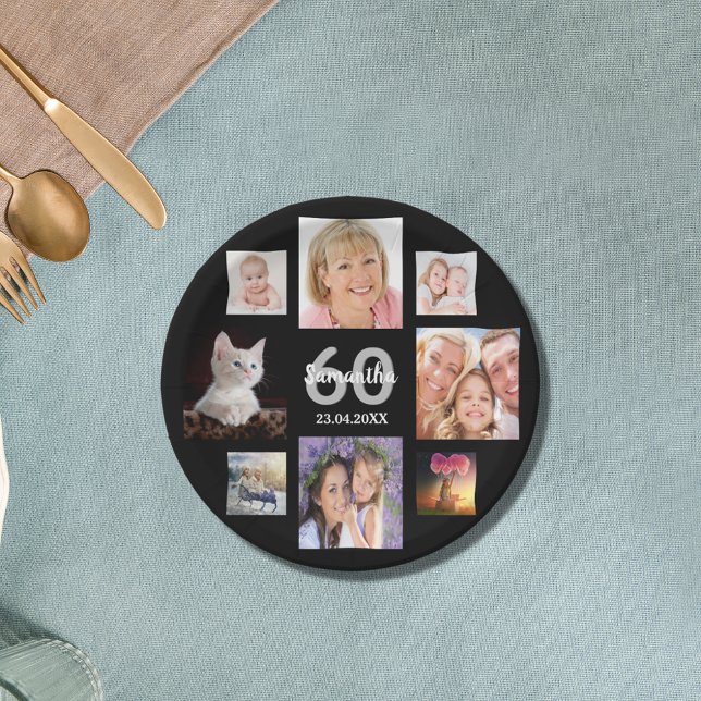 60th birthday party photo collage woman black paper plate (Creator Uploaded)