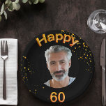 60th birthday party photo gold balloons black paper plate<br><div class="desc">A paper plate for a 60th birthday party for guys. Template for your photo.  Black background and the text: Happy 60.  The text is written with a trendy faux gold balloon script.  Golden confetti as decoration.
Matching paper napkins are available in our store!</div>