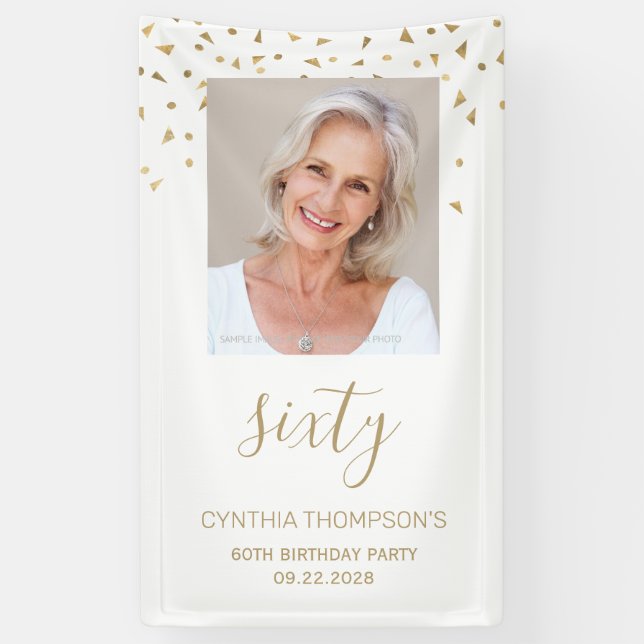 60th Birthday Party Photo Gold Confetti White Banner (Vertical)