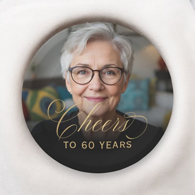 60th Birthday Party Photo Gold Script Cheers  Paper Plate (Creator Uploaded)