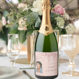 60th birthday party photo rose gold glitter pink sparkling wine label