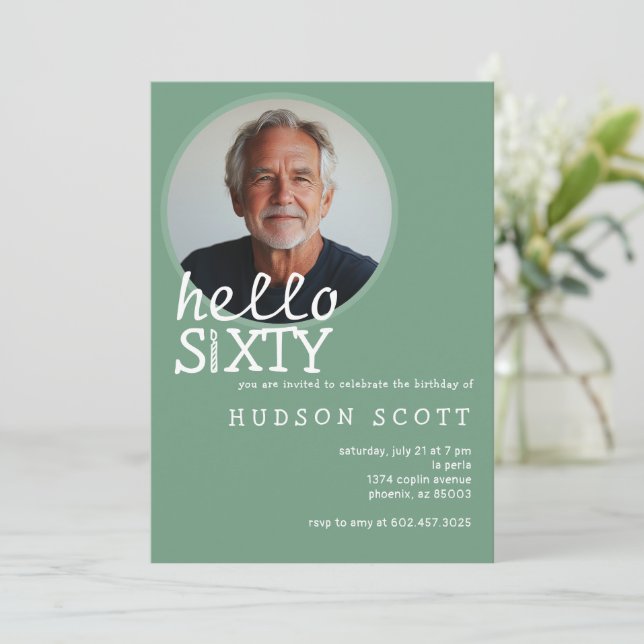  60th Birthday Party Photo Sixty Modern Sage Green Invitation (Standing Front)