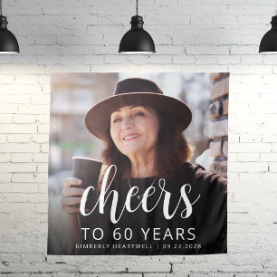 60th Birthday Party Photo White Script Cheers Tapestry