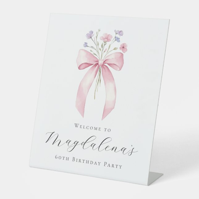 60th Birthday Party Pink Bow Wildflower Welcome Pedestal Sign (Front)