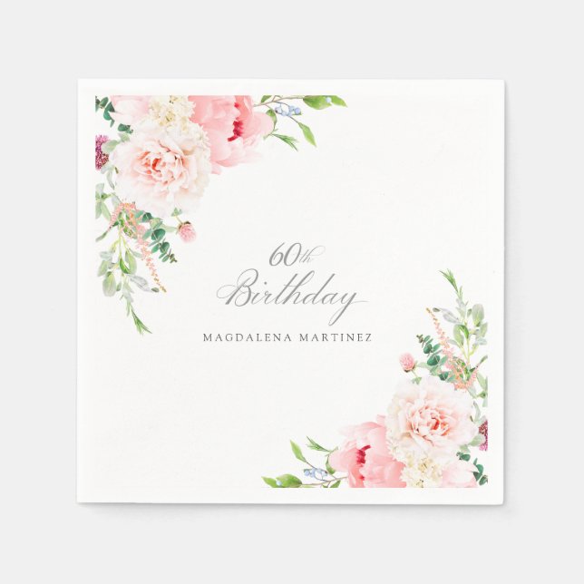 60th Birthday Party Pink Floral Custom Cocktail Napkin (Front)