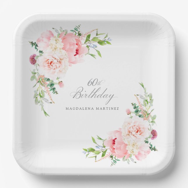 60th Birthday Party Pink Floral Custom Paper Plate (Front)
