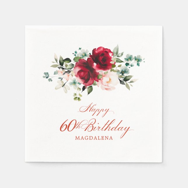 60th Birthday Party Pink Red Floral Custom Napkin (Front)