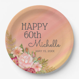60th Birthday Party Pink Red Floral Garden Paper Plate