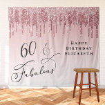 60th Birthday Party Pink Rose Gold Glitter Tapestry<br><div class="desc">Elegant personalised 60th birthday party photo backdrop tapestry with pink and rose gold faux glitter dripping from the top against a pink ombre background and "60 & Fabulous" written in stylish script. You can customise with her name. A blank area in the lower corner provides space for guests to take...</div>