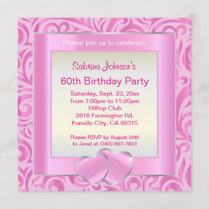 60th Birthday Party   Pink, Silver & White Verder Invitation